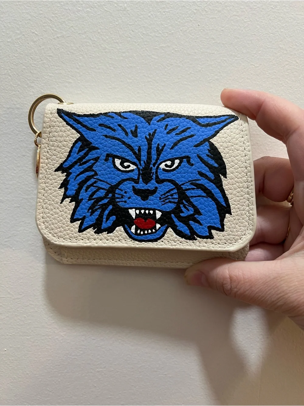 Blue Wildcat Wallet Keyring - Cream Vegan Leather Card Case